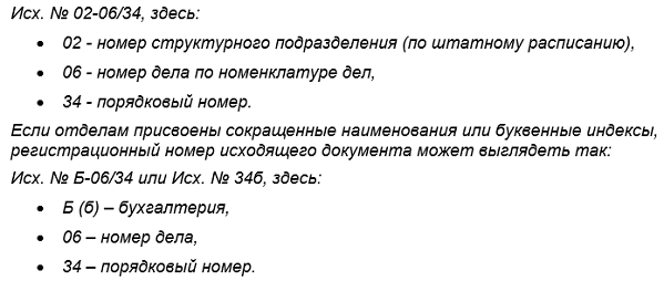 Образец регистрации исходящих документов
