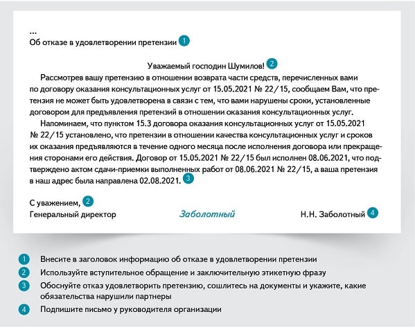 Пример ответа на письмо претензию с отказом