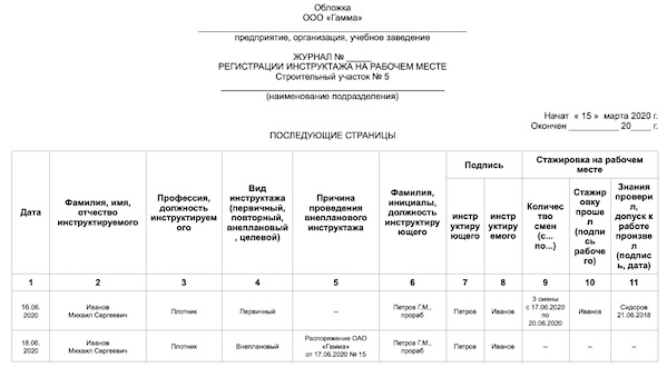 Журнал инструктажа на рабочем месте: образец