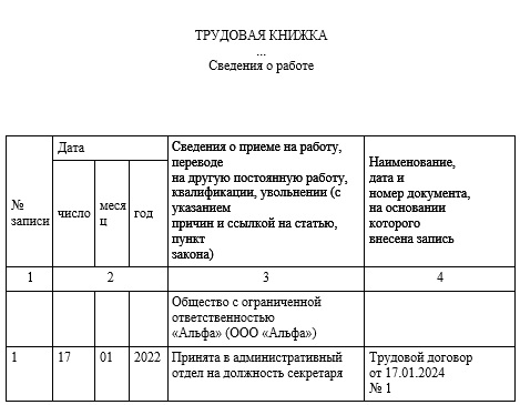 Трудовая книжка (фрагмент). Запись о приеме на работу, если в компании не оформляют приказы о приеме