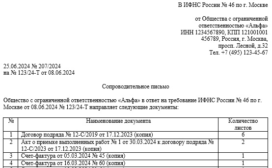 Сопроводительное письмо к документам в налоговую: образец