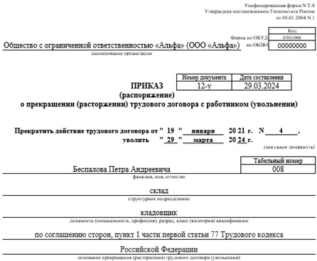 Образец приказа об увольнении по соглашению сторон