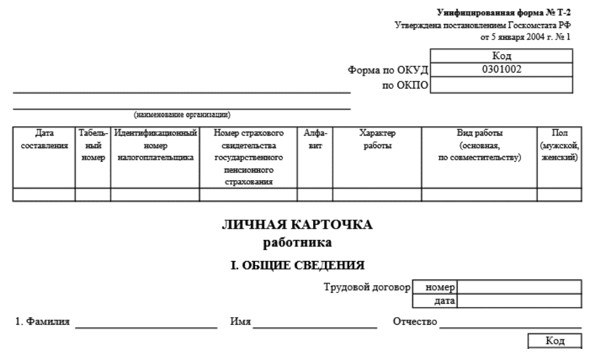 Форма № Т-2. Личная карточка работника